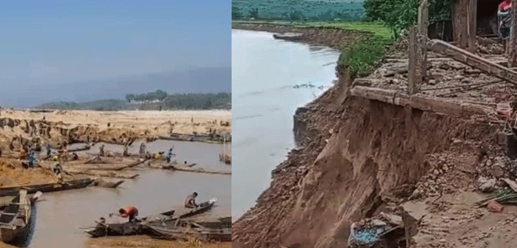 দোয়ারাবাজারে চেলা নদীর পাড় কেটে বালু উত্তোলন